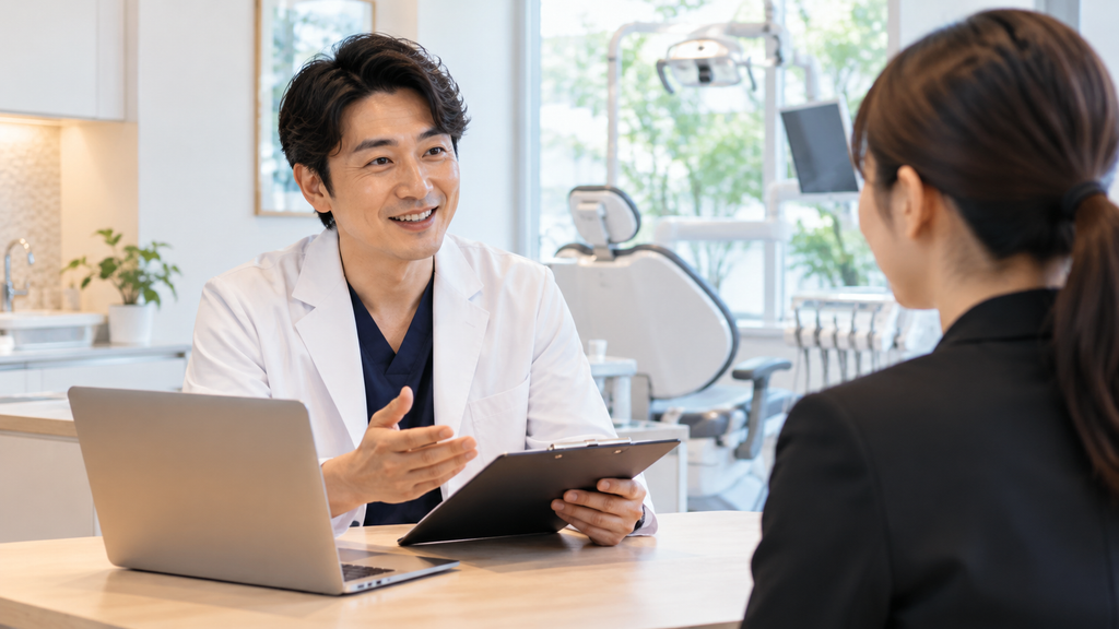 歯科医院の院長がスーツ姿の求職者と面談している様子