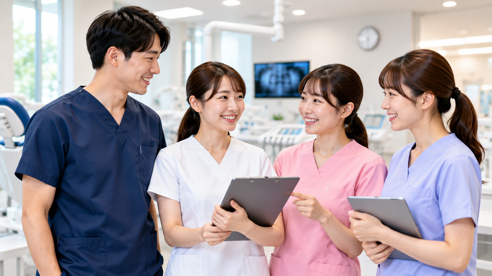歯科医院のスタッフ4名がタブレットを見ながらホームページの改善点を話し合う様子