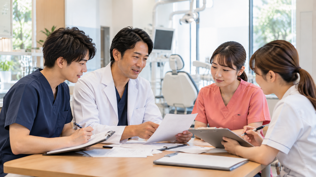 歯科医院のスタッフが書類を見ながら採用計画を話し合う様子