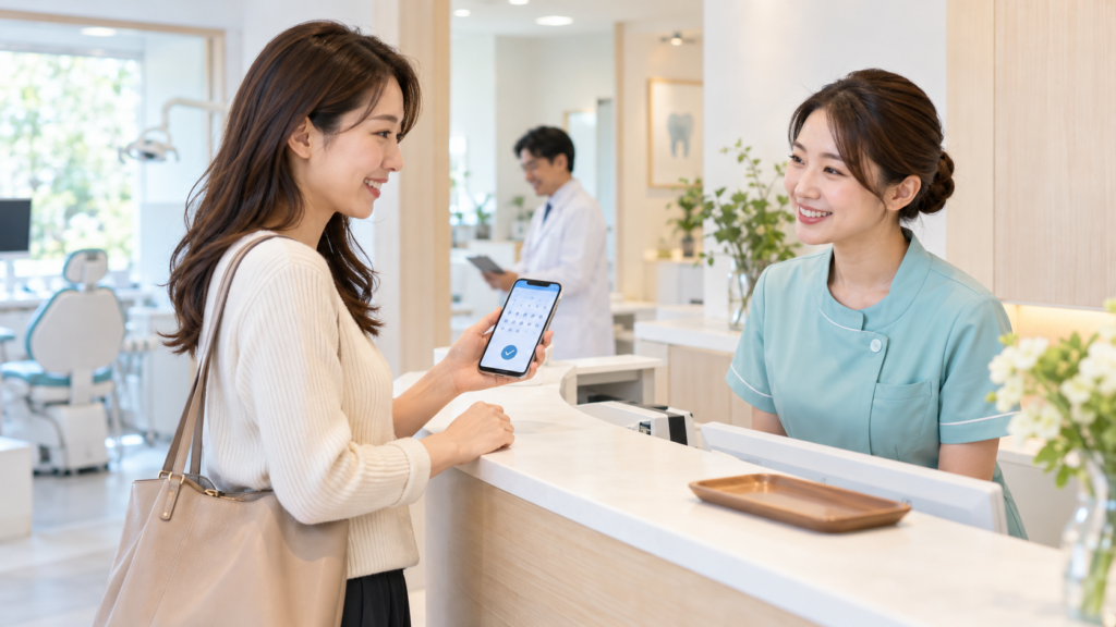 歯科医院の受付でスマートフォンの予約画面を見せる患者