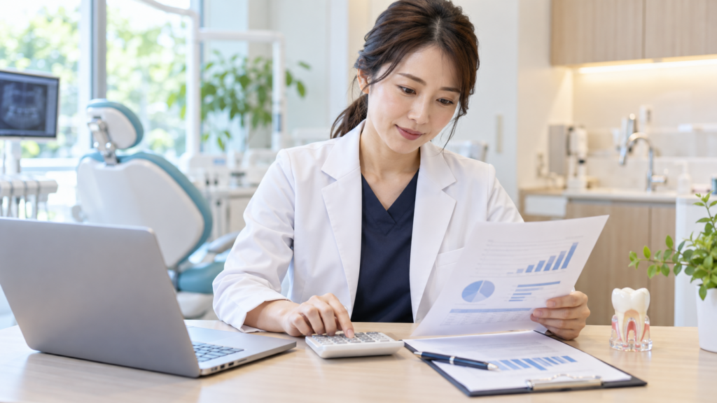 歯科のリスティング広告の費用を資料と電卓で確認する歯科医師